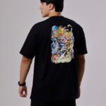 Camiseta preta masculina Dragon Ball com estampa de Goku e Vegeta em ação - Algodão Premium