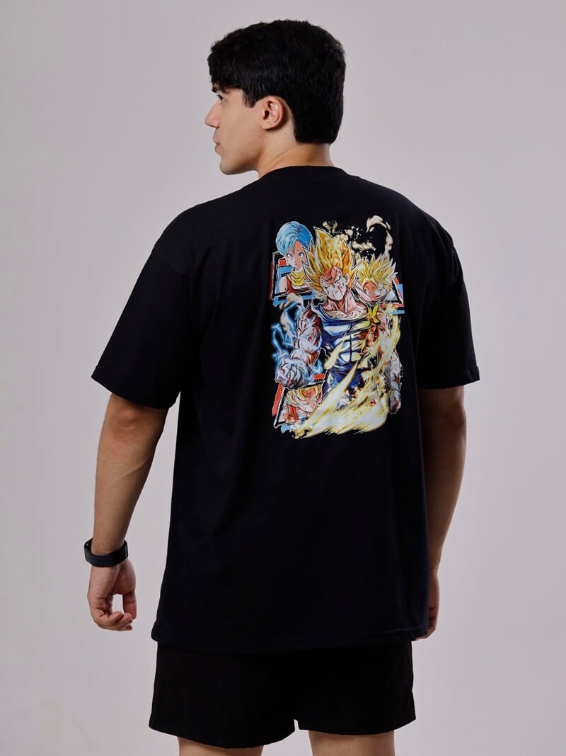 Camiseta preta masculina Dragon Ball com estampa de Goku e Vegeta em ação - Algodão Premium
