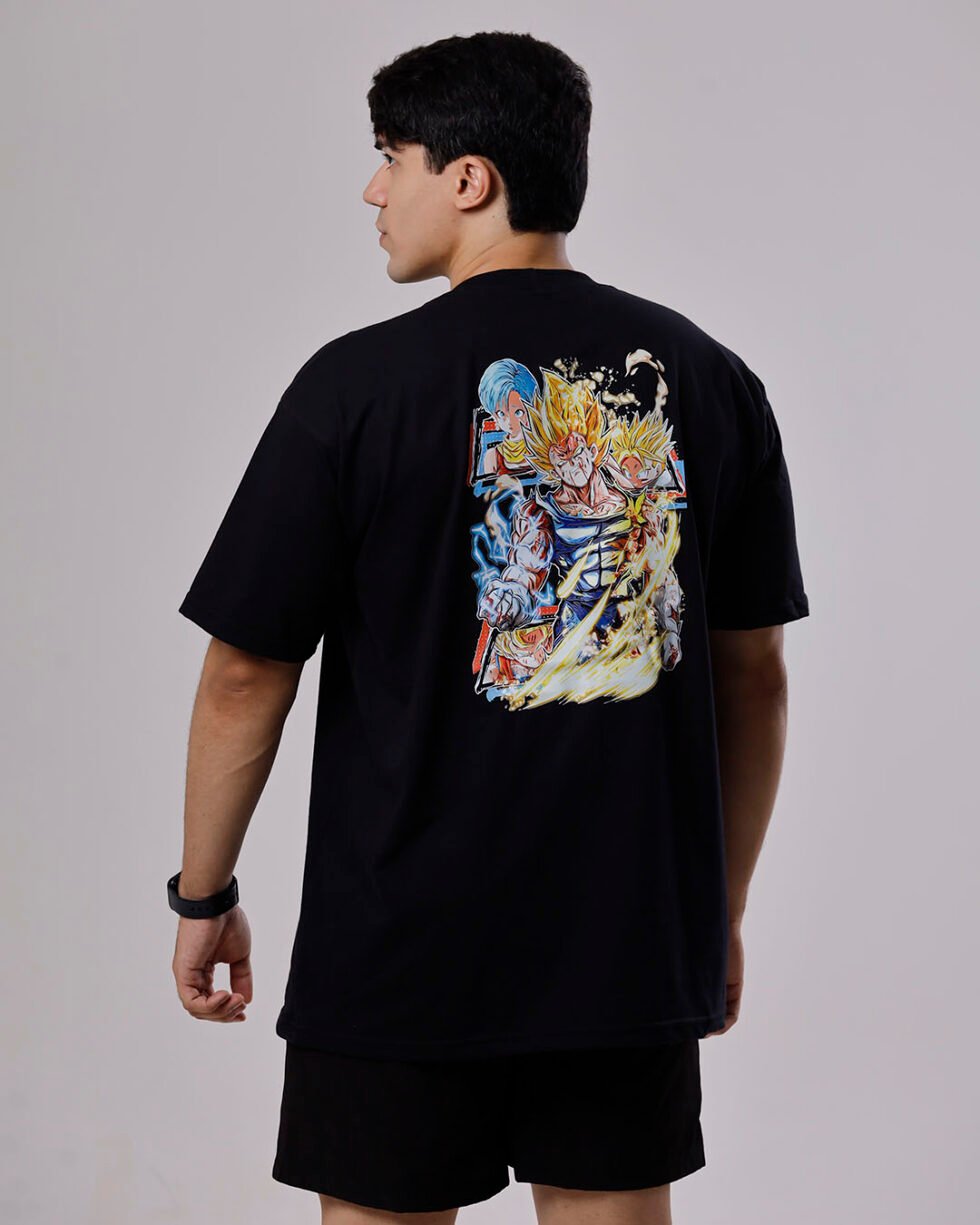 Camiseta preta masculina Dragon Ball com estampa de Goku e Vegeta em ação - Algodão Premium